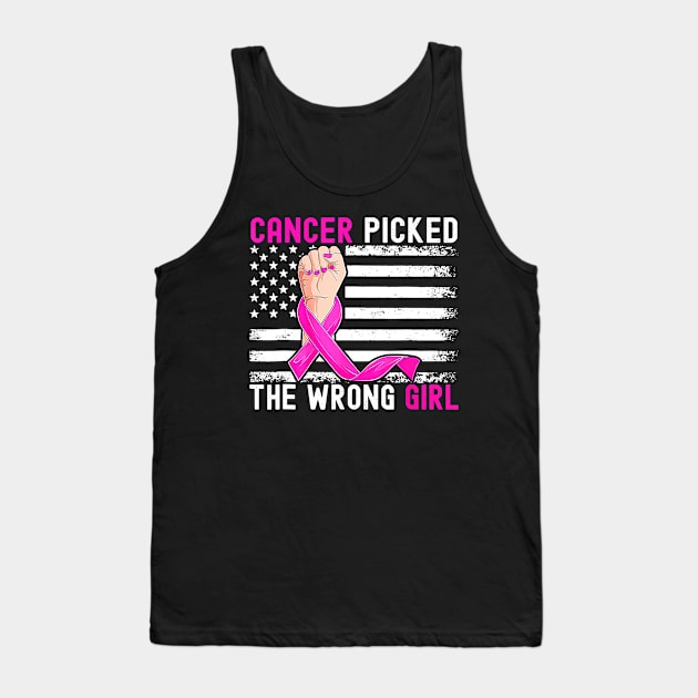 US Flag Cancer Picked The Wrong Girl Breast Cancer Awareness Tank Top by everetto